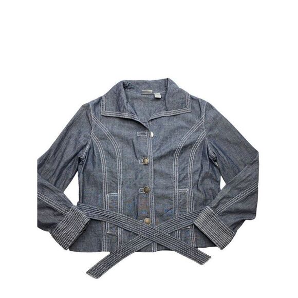 CHICOS Dark Wash Denim‎ Chambray Button Down Belted Cotton Jacket sz 1 Medium 8 - Picture 6 of 7